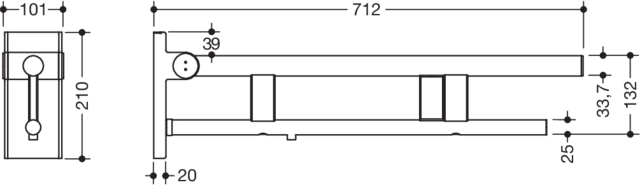 Stützklappgriff Duo, Design A des Systems 900, Edelstahl, PVD, Ausladung 700 mm, mit Spülauslösung (E-Ausführung), Ausführung rechts, in Farbe CK (messing glänzend)