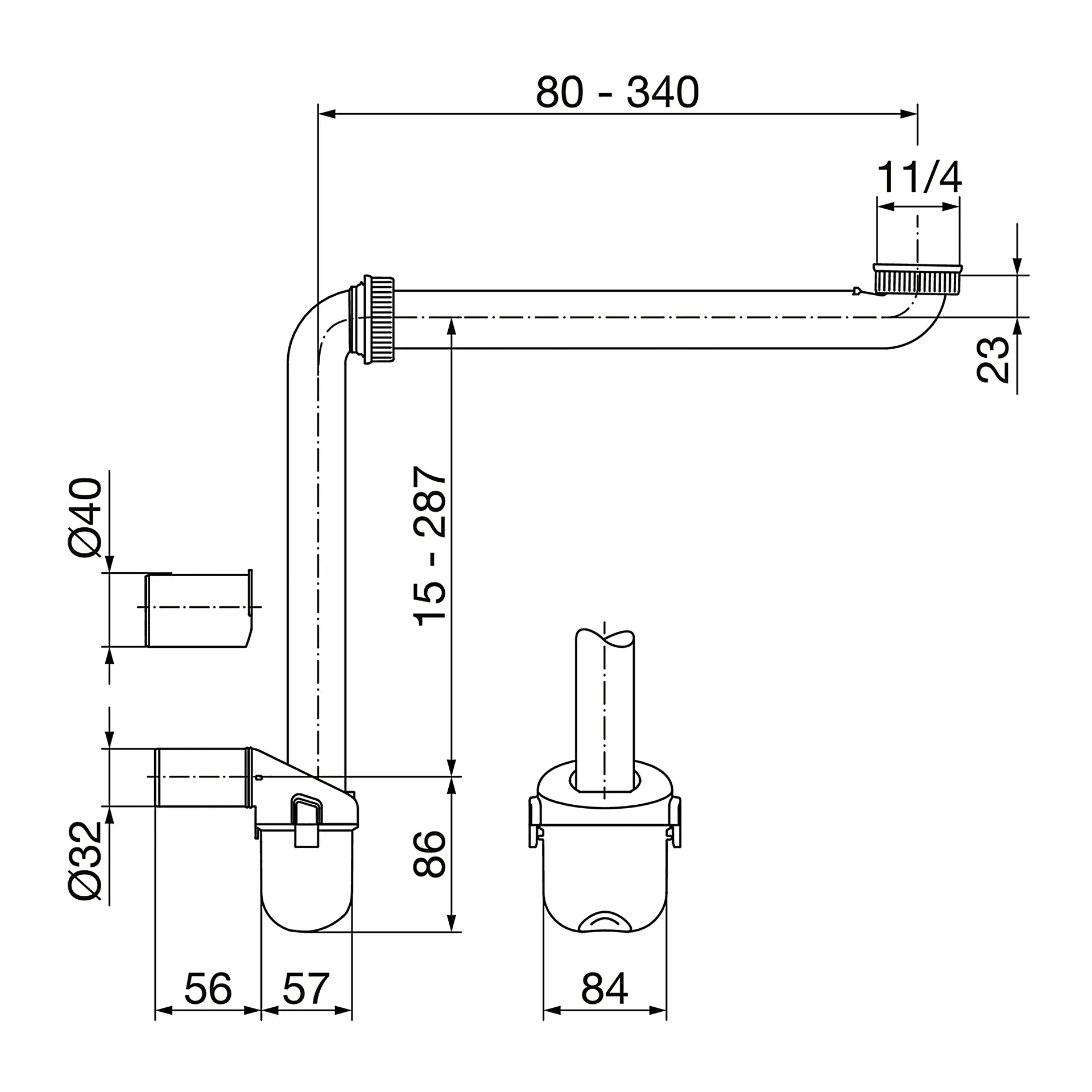 Raumspar Möbelsiphon DN40 Kunststoff weiß