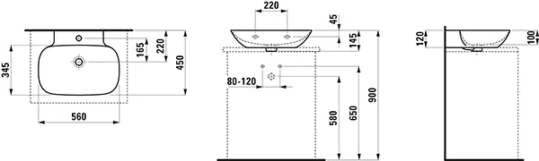 Aufsatzwaschtisch INO 450x560x145 1 Hahnloch mit Überlauf weiß