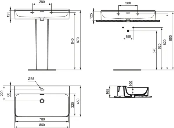 Waschbecken „Conca“ 80 × 45 × 16,5 cm, Hahnlochposition mittig in Weiß