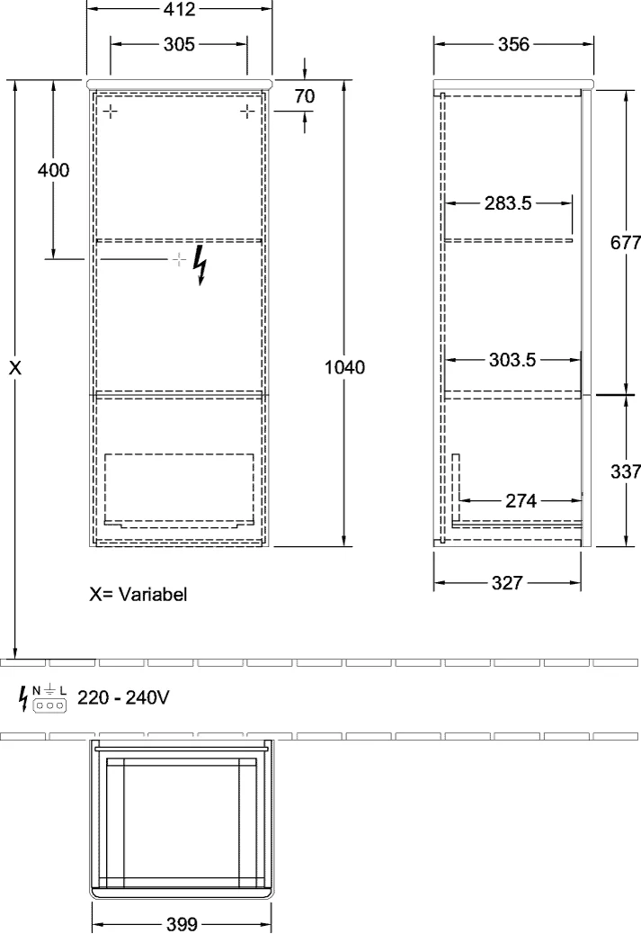 Villeroy & Boch Antao K43, Mittelschrank, 414x1039x356 mm, links