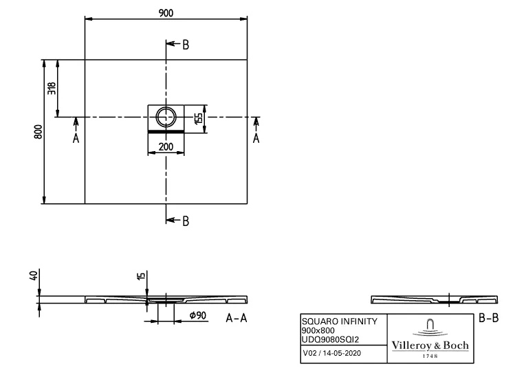 Villeroy & Boch rechteck Duschwanne „Squaro Infinity“ 90 × 80 cm