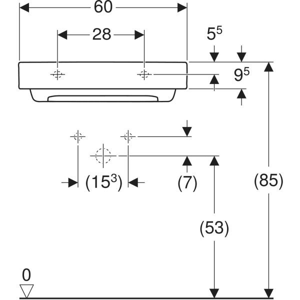 Wandwaschtisch „One“ mit horizontalem Ablauf, rechteckig, Hahnlochposition mittig 60 × 48 cm in weiß alpin mit KeraTect®
