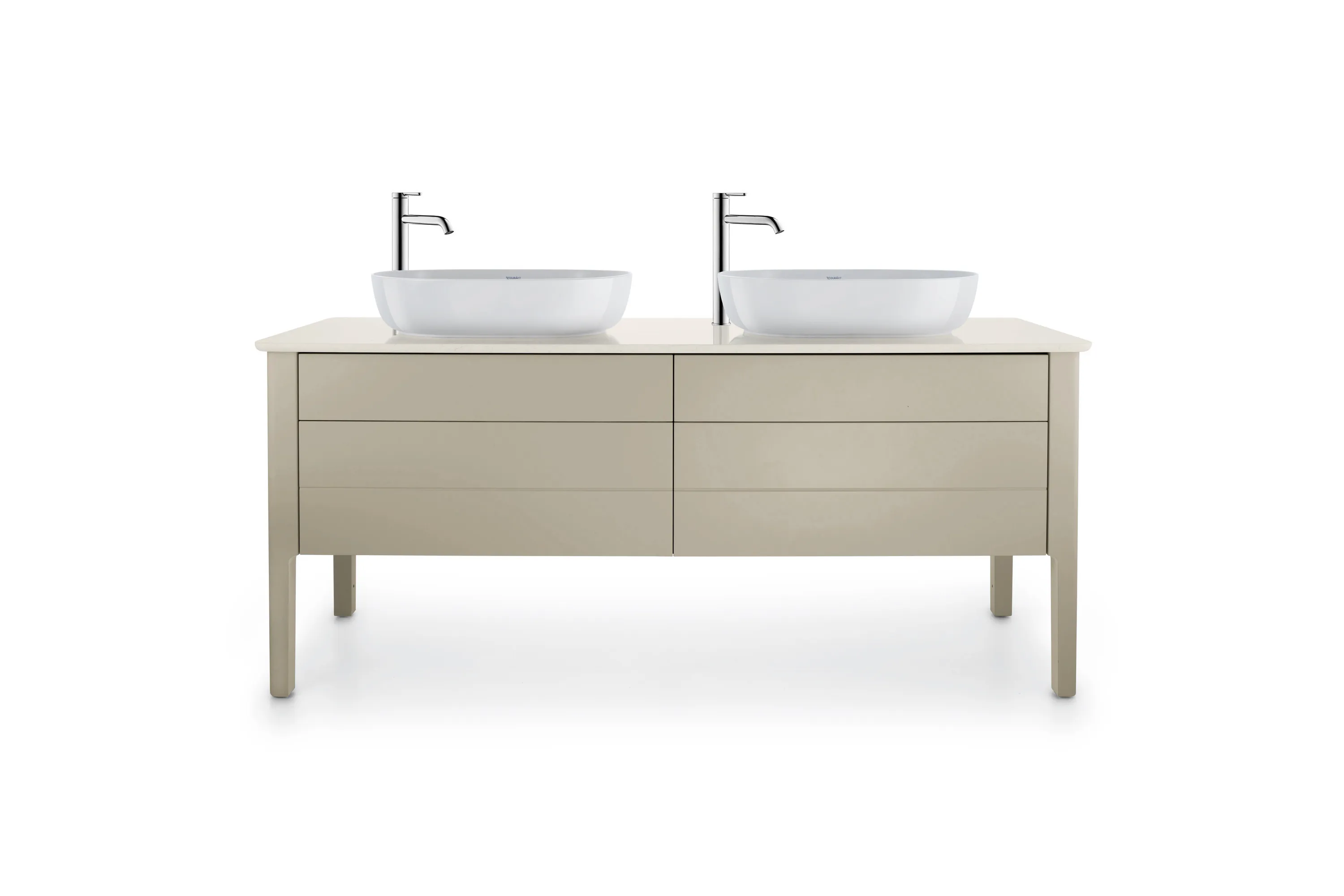 Duravit Waschtischunterschrank bodenstehend „Luv“ 173,3 × 74,3 × 57 cm Becken: links und rechts / Front- & Korpusfarbe: Taupe Seidenmatt / Größe: 173,3 × 57 × 74,3 cm / Schubladen: 4 Duravit Waschtischunterschrank bodenstehend „Luv“ 173,3 × 74,3 × 57 cm Becken: links und rechts / Front- & Korpusfarbe: Taupe Seidenmatt / Größe: 173,3 × 57 × 74,3 cm / Schubladen: 4