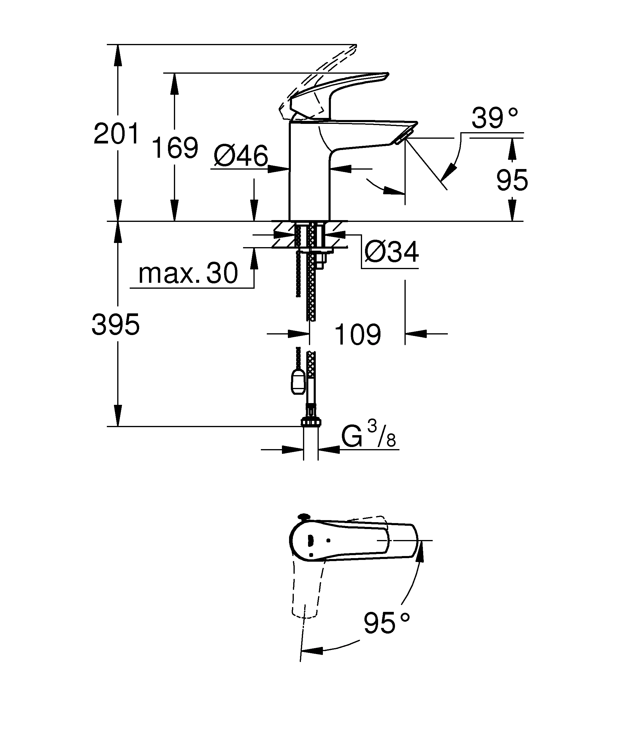 Einhand-Waschtischbatterie Eurosmart 23372_3, S-Size, Einlochmontage, Temperaturbegrenzer, versenkbare Kette, chrom