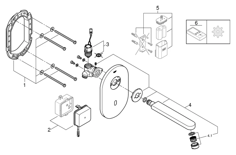 Infrarot-Elektronik für Waschtisch-Wandarmatur Euroeco CE 36273, ohne Mischung, Fertigmontageset für UP-Einbaukasten 36 336 001/36 337 001, Trafo 100-230 V AC, 50-60 Hz, 6 V DC, chrom