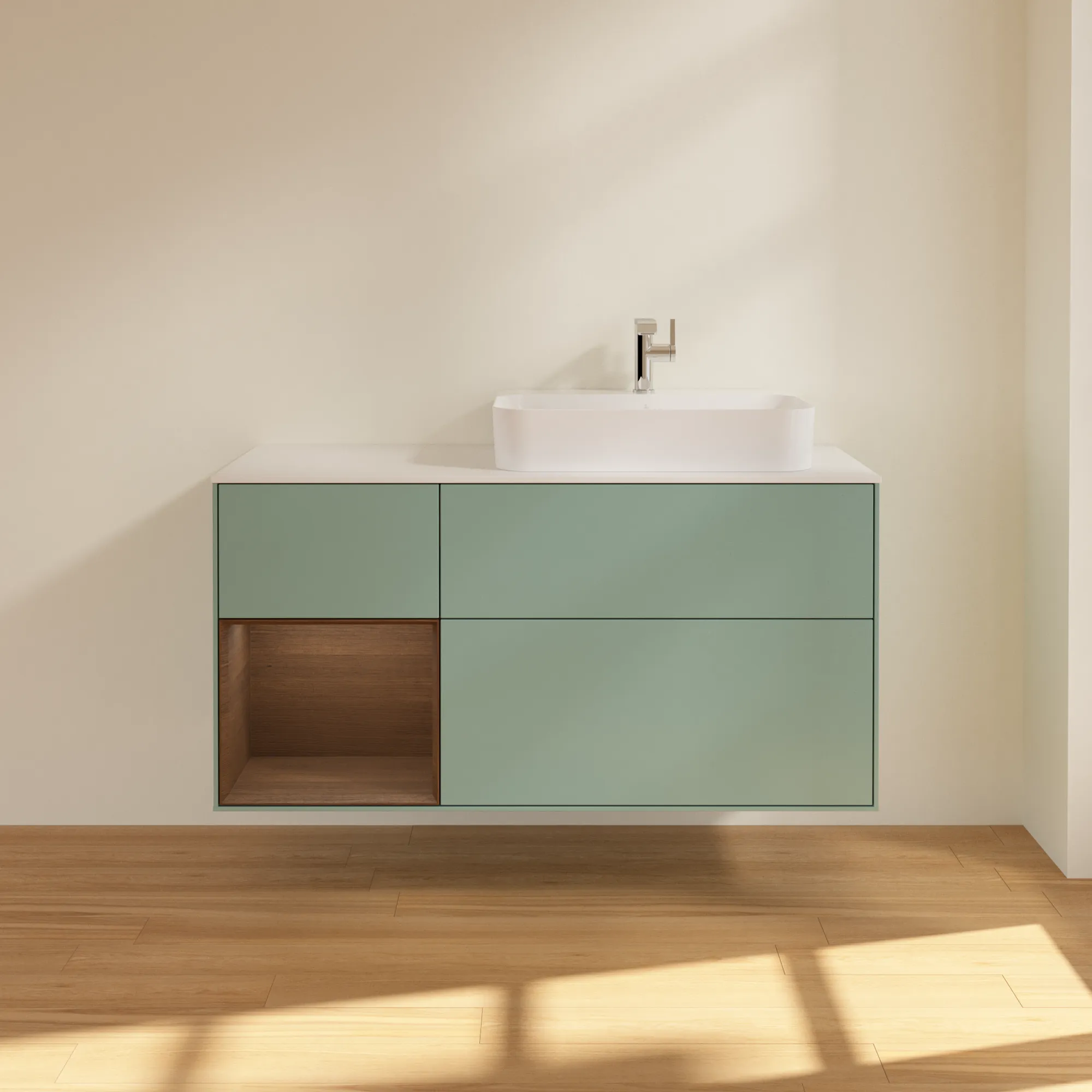 Villeroy & Boch Waschtischunterschrank „Finion“ für Schrankwaschtisch 1200 × 603 × 501 mm Olive Matt Lacquer, für Becken rechts Villeroy & Boch Waschtischunterschrank „Finion“ für Schrankwaschtisch 1200 × 603 × 501 mm Olive Matt Lacquer, für Becken rechts