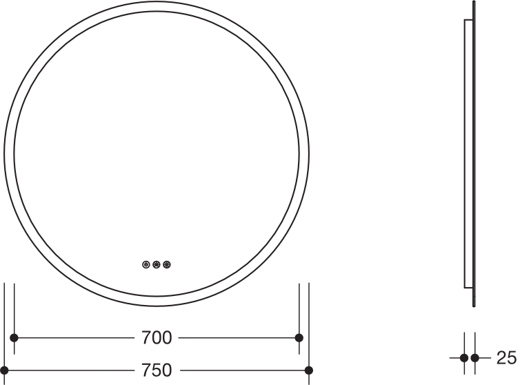 LED Lichtspiegel, Floatglas, rund, Durchmesser 750 mm, umlaufend mit LED-Hinterleuchtung