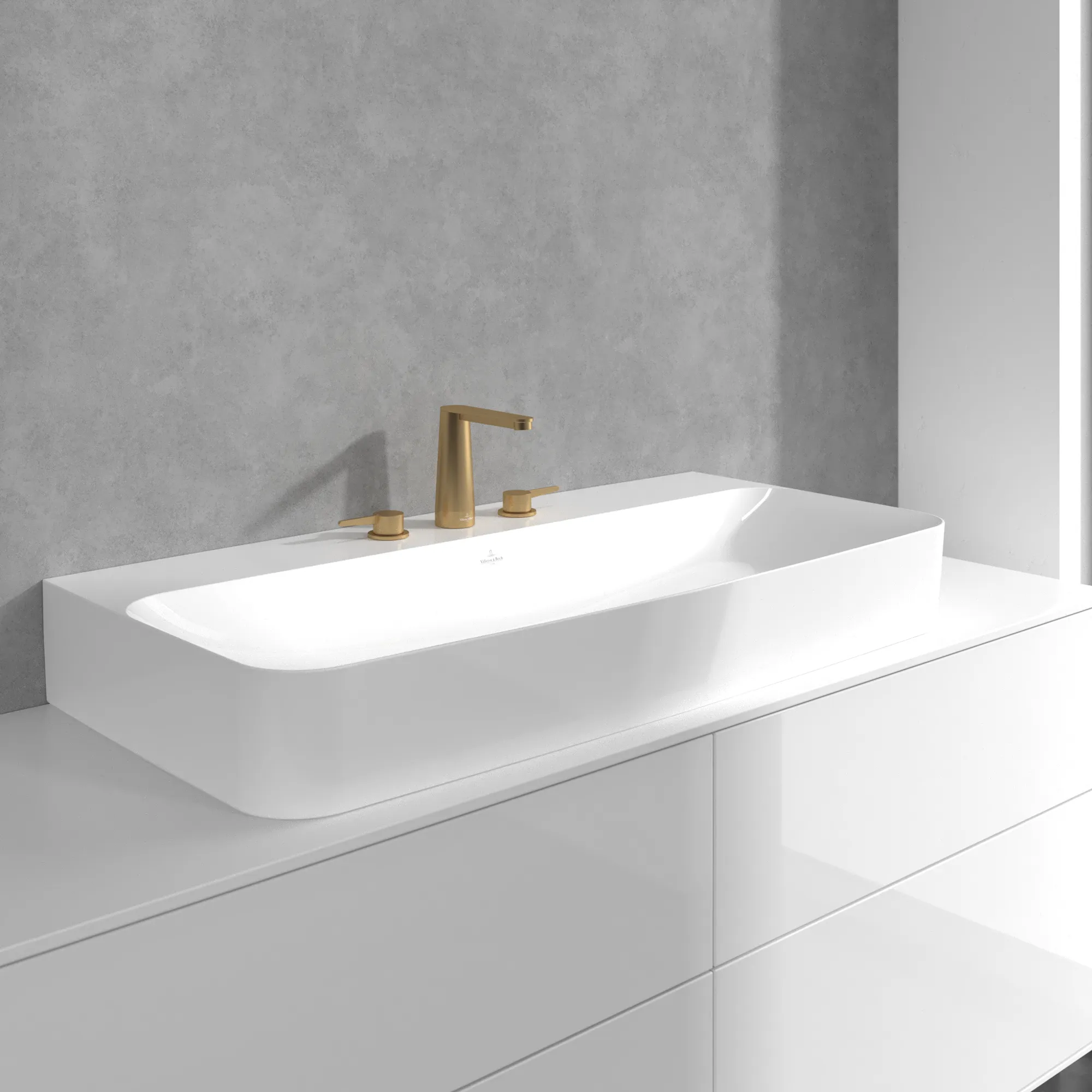 Villeroy & Boch Conum Dreiloch-Waschtischarmatur, Brushed Gold, 440 x 165 x 144 mm, Keramikkartusche, Laminarstrahl, SmartPressure Villeroy & Boch Conum Dreiloch-Waschtischarmatur, Brushed Gold, 440 x 165 x 144 mm, Keramikkartusche, Laminarstrahl, SmartPressure