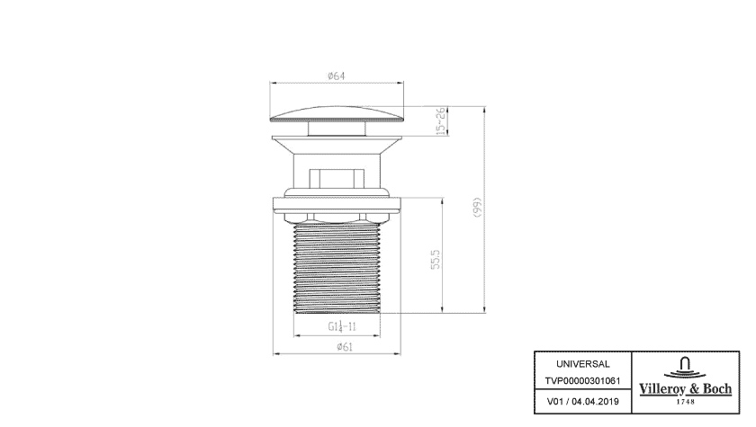 Villeroy & Boch Ablaufgarnitur Modell TVP00000301061 ⌀ 61 mm, ohne Überlauf in Chrom