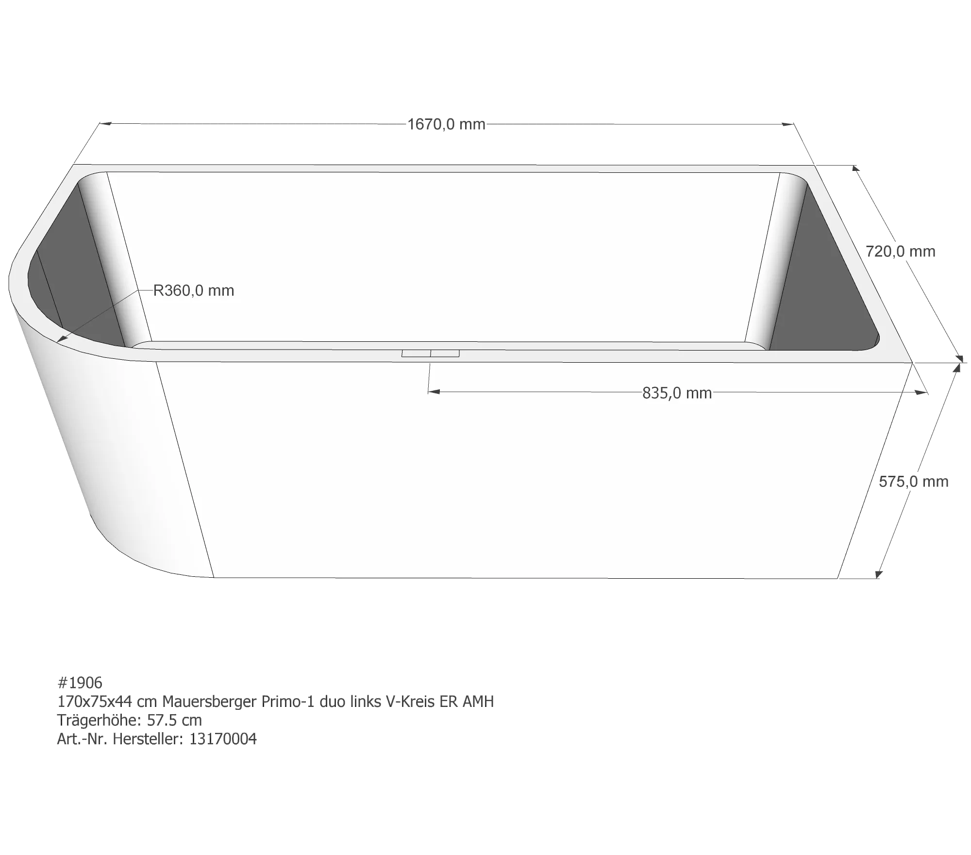 Badewannenträger für Mauersberger Primo 1 links duo links 170 × 75 × 44 cm