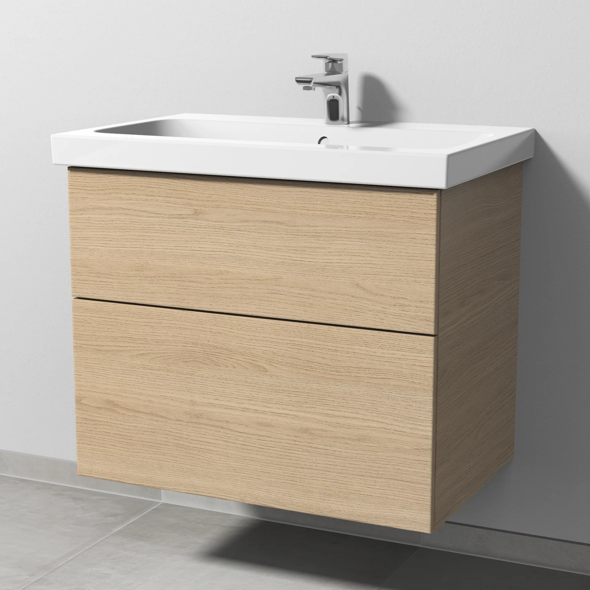 Sanipa Waschtischunterschrank „3way“ passend zu Keramik-Waschtische iCon Light von Geberit 700 × 591 × 462 mm in Eiche Nordic, Becken mittig, mit