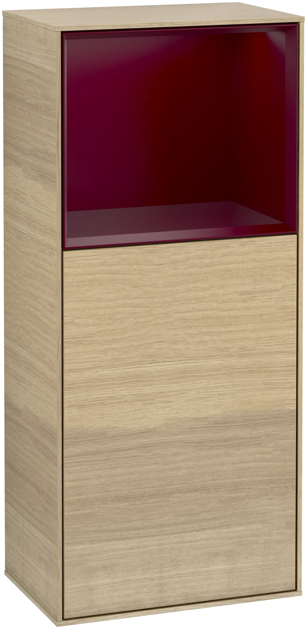 Villeroy & Boch Finion Seitenschrank F510HBPC, 418x936x270 mm, Oak Veneer Front/Korpus, Peony Matt Lacquer Regal, mit Beleuchtung und Push-to-open Funktion Villeroy & Boch Finion Seitenschrank F510HBPC, 418x936x270 mm, Oak Veneer Front/Korpus, Peony Matt Lacquer Regal, mit Beleuchtung und Push-to-open Funktion