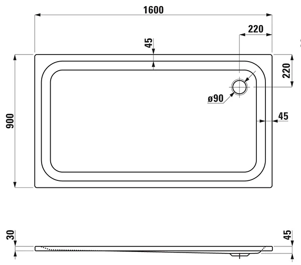 Laufen rechteck Duschwanne „Platina“ 1600 × 900 mm mit Antislip, in Weiß