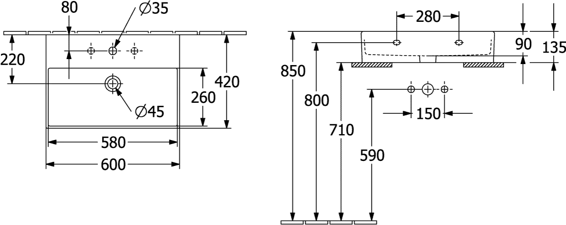Villeroy & Boch Wandwaschtisch aus TitanCeram geschliffen „Memento 2.0“ 600 × 420 × 135 mm, mit Hahnlochbohrung, Hahnlochposition mittig in Pure Black Villeroy & Boch Wandwaschtisch aus TitanCeram geschliffen „Memento 2.0“ 600 × 420 × 135 mm, mit Hahnlochbohrung, Hahnlochposition mittig in Pure Black
