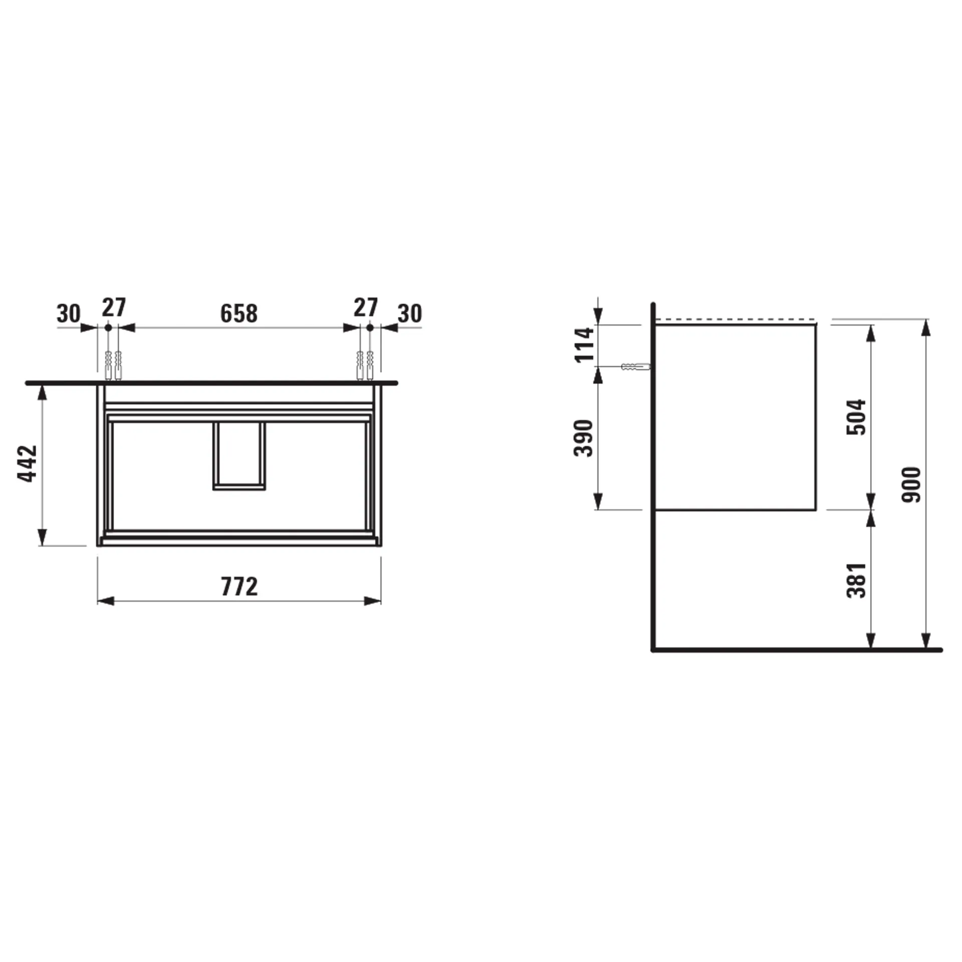 Waschtischunterbau, MEDA, 442x772x504, mit 2 Schubladen, 1 Ordnungssystem, integrierte Griffleiste, Vollauszug und Soft-Close, für Möbelwaschtisch MEDA H814117 (80 cm), weiß matt