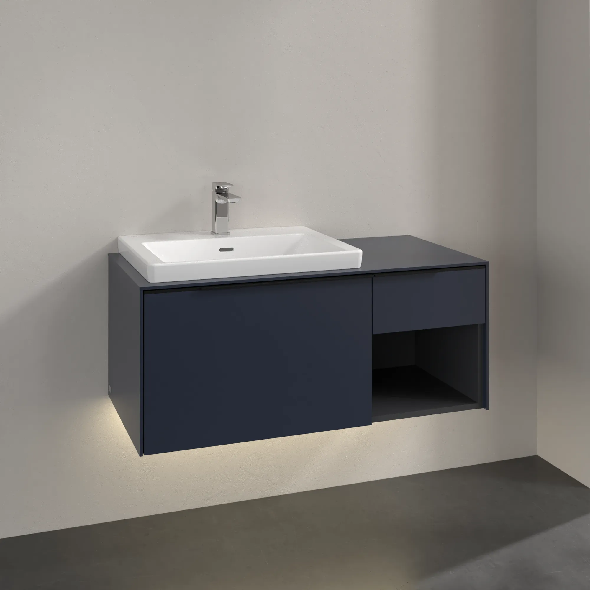 Villeroy & Boch Waschtischunterschrank mit Regalelement „Subway 3.0“ für Schrankwaschtisch 1001 × 423 × 516 mm Marine Blue, für Becken links Villeroy & Boch Waschtischunterschrank mit Regalelement „Subway 3.0“ für Schrankwaschtisch 1001 × 423 × 516 mm Marine Blue, für Becken links