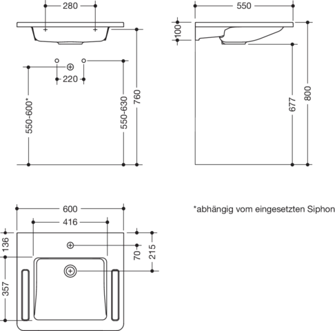 HEWI Waschtisch Basic, signalweiß, Mineralguss, 600 x 550 mm, ohne Überlauf, für Einlocharmatur vorgerichtet