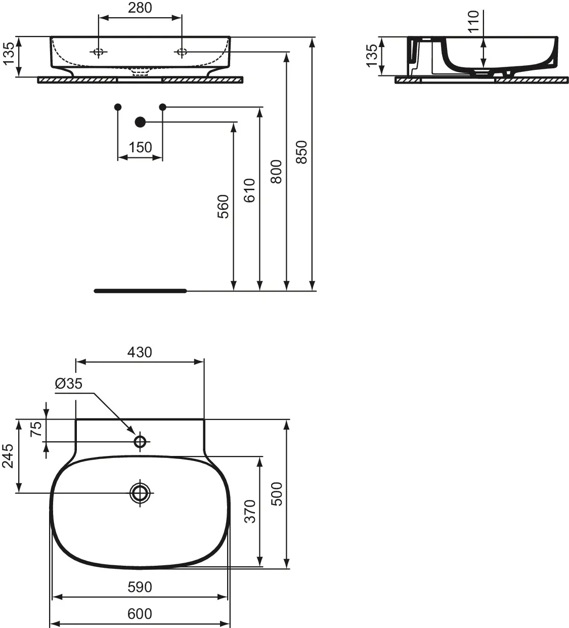 Waschbecken „Linda-X“ 60 × 50 × 13,5 cm, Hahnlochposition mittig in Weiß Waschbecken „Linda-X“ 60 × 50 × 13,5 cm, Hahnlochposition mittig in Weiß