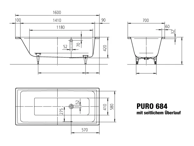 Kaldewei Badewanne „Puro“ rechteck 160 × 70 cm, ohne Grifflochbohrungen mit seitlicher Überlaufbohrung, in alpinweiß
