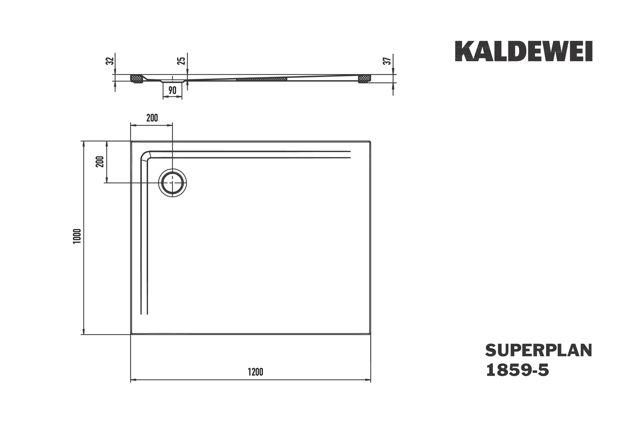 Kaldewei SUPERPLAN Duschfläche mit Wannenträger extraflach, 1000x1200 mm, cool grey 90, Secure Plus, Eckablauf, 37 mm Aufbauhöhe