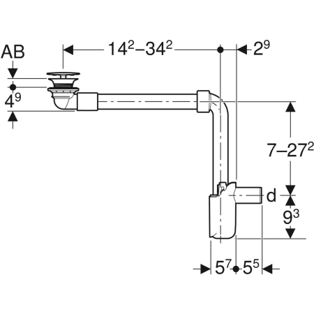 Waschbeckenablauf Raumsparmodell, schmale Ausführung, mit freiem Auslauf und Ventilabdeckung, Abgang horizontal, für ONE Waschtisch Abgang vertikal: d=40mm, G=1 1/4″, weiß