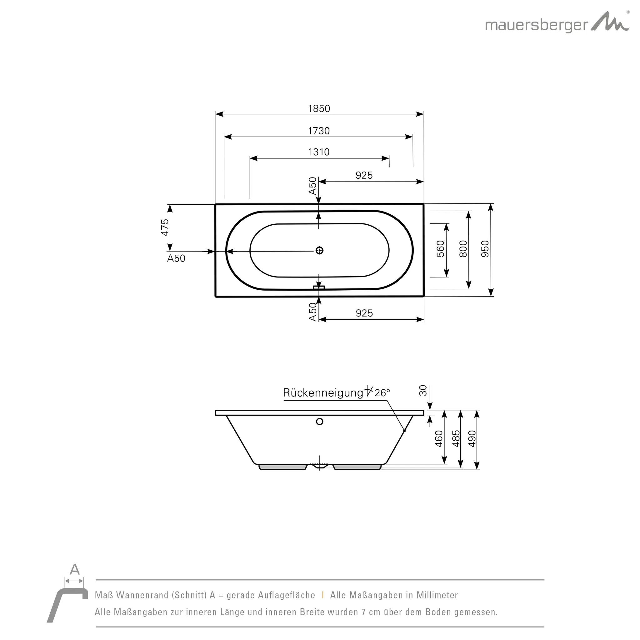 Mauersberger ausana Acryl-Badewanne Rechteckform 185⁄95 duo