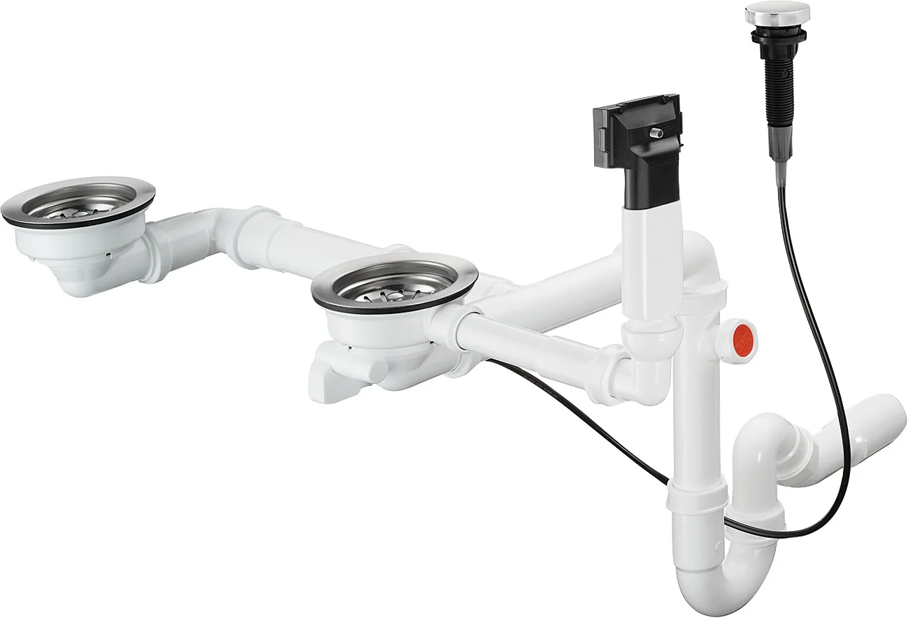 Hansgrohe automatische Ab- und Überlaufgarnitur Doppelbecken Granit D17-11 Chrom, Durchmesser 40/50 mm, 1 1/2" mit Raumsparablaufbogen und Röhrengeruchverschluss