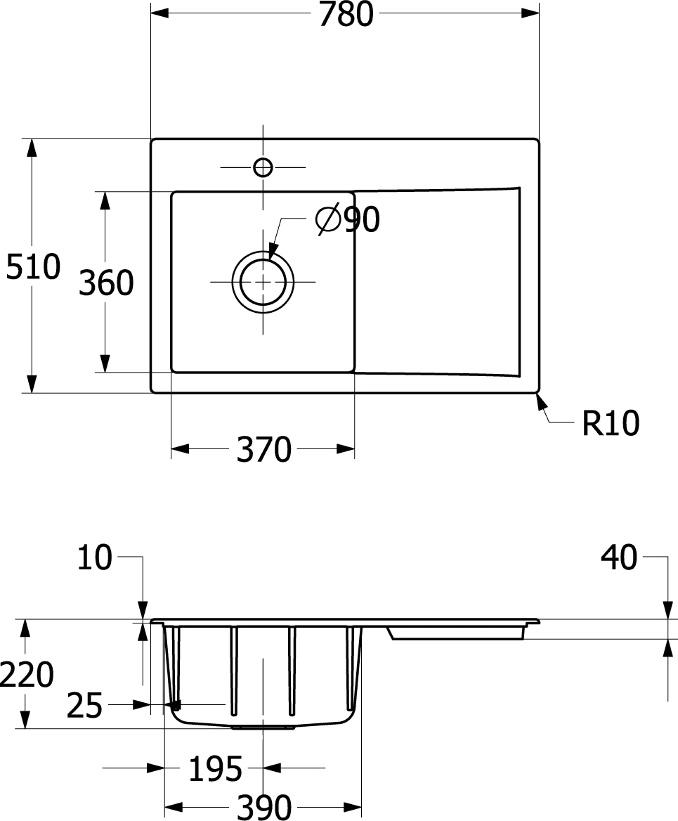 Villeroy & Boch Einbau-Küchenspülbecken „Subway Style“ 45 780 × 510 × 220 mm, für Becken links in Pure Black