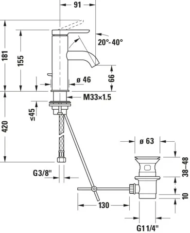 C.1 Einhebel-Waschtischmischer S mitZugstange,Höhe 155 Ausladung 91 mm