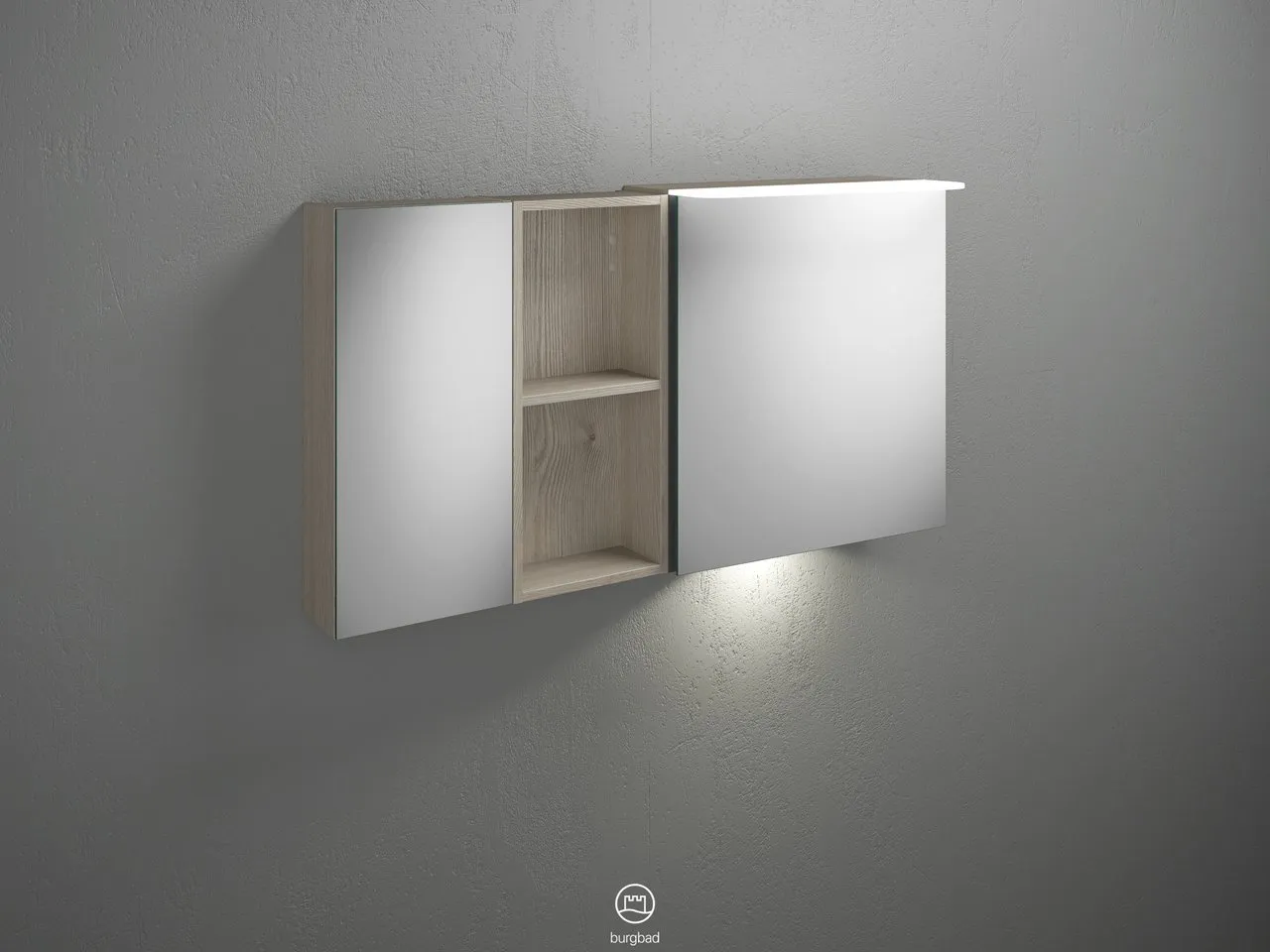 Badu Spiegelschrank SFUD120 von burgbad - 310 mm tief, 1.200 mm breit, 665 mm hoch, beidseitig verspiegelt mit LED-Aufsatzleuchte und Waschtischbeleuchtung