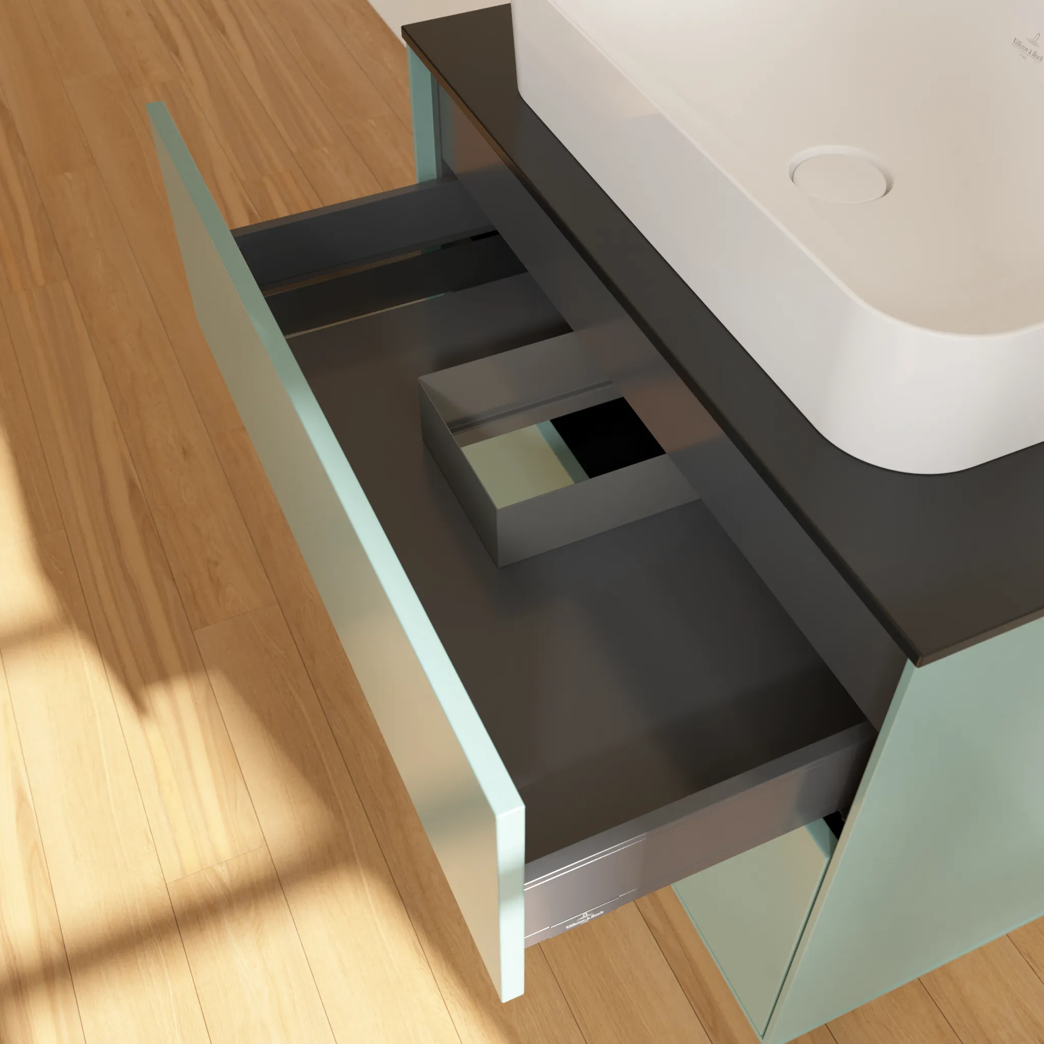Villeroy & Boch Waschtischunterschrank „Finion“ für Schrankwaschtisch 800 × 603 × 501 mm Olive Matt Lacquer, mit Hahnlochbohrung, für Becken mittig