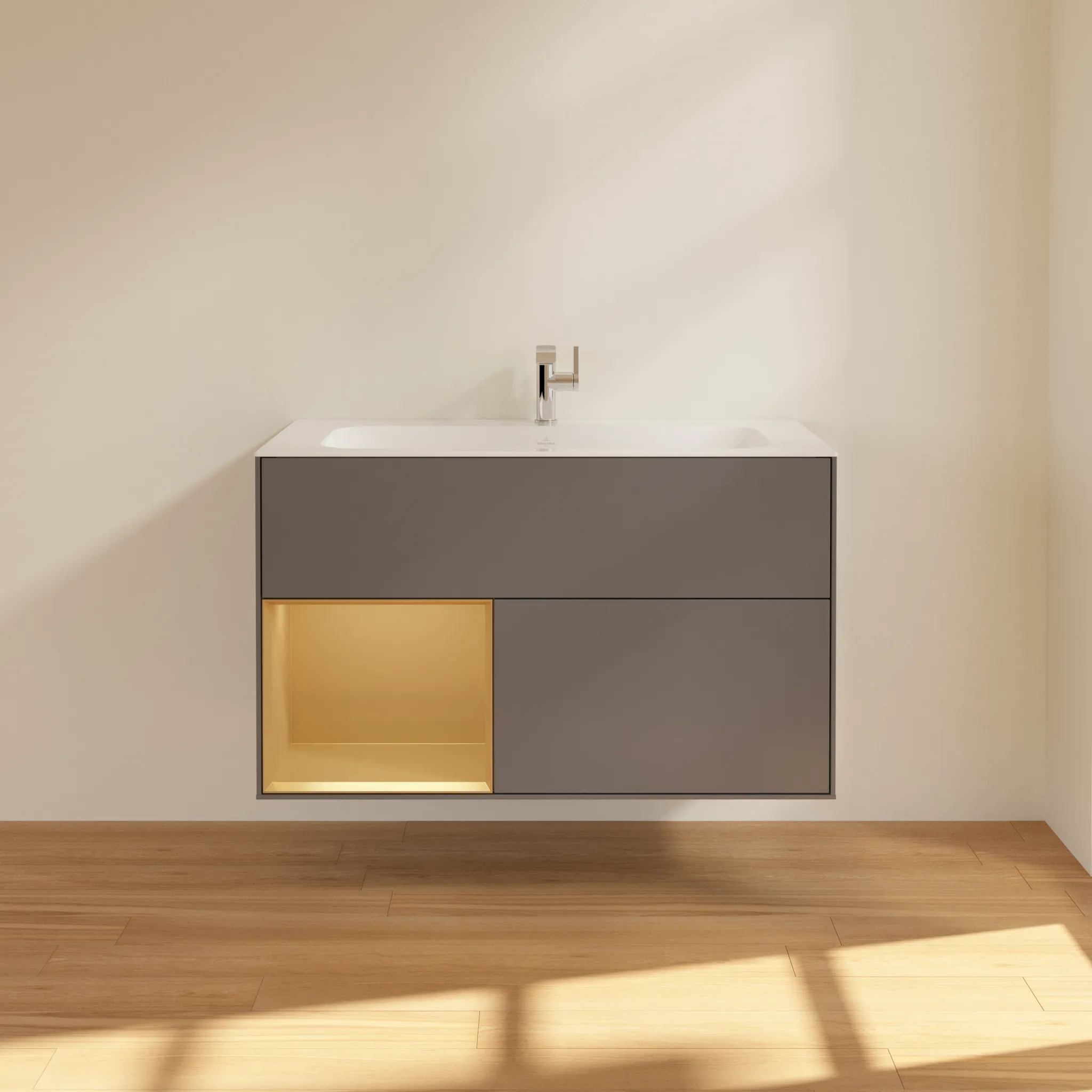 Villeroy & Boch Waschbeckenunterschrank Finion F03, Anthracite Matt Lacquer mit Gold Regal, 996x591x498 mm, mit Beleuchtung und Push-to-open Funktion
