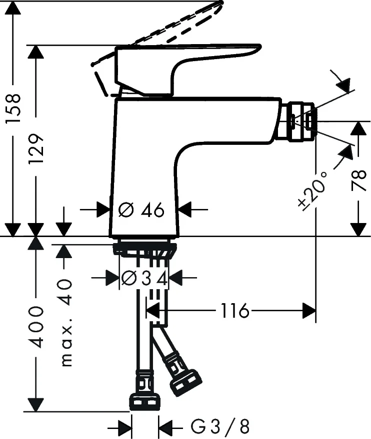 Hansgrohe Talis E Einhebel-Bidetmischer mit Push-Open Ablaufgarnitur chrom, Ausladung 116 mm, Auslaufhöhe 78 mm