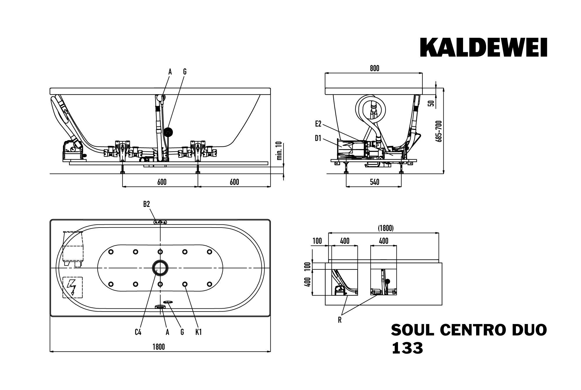Kaldewei CENTRO DUO Whirlwanne, 1800x800 mm, alpinweiß matt, mit Airmassage SOUL