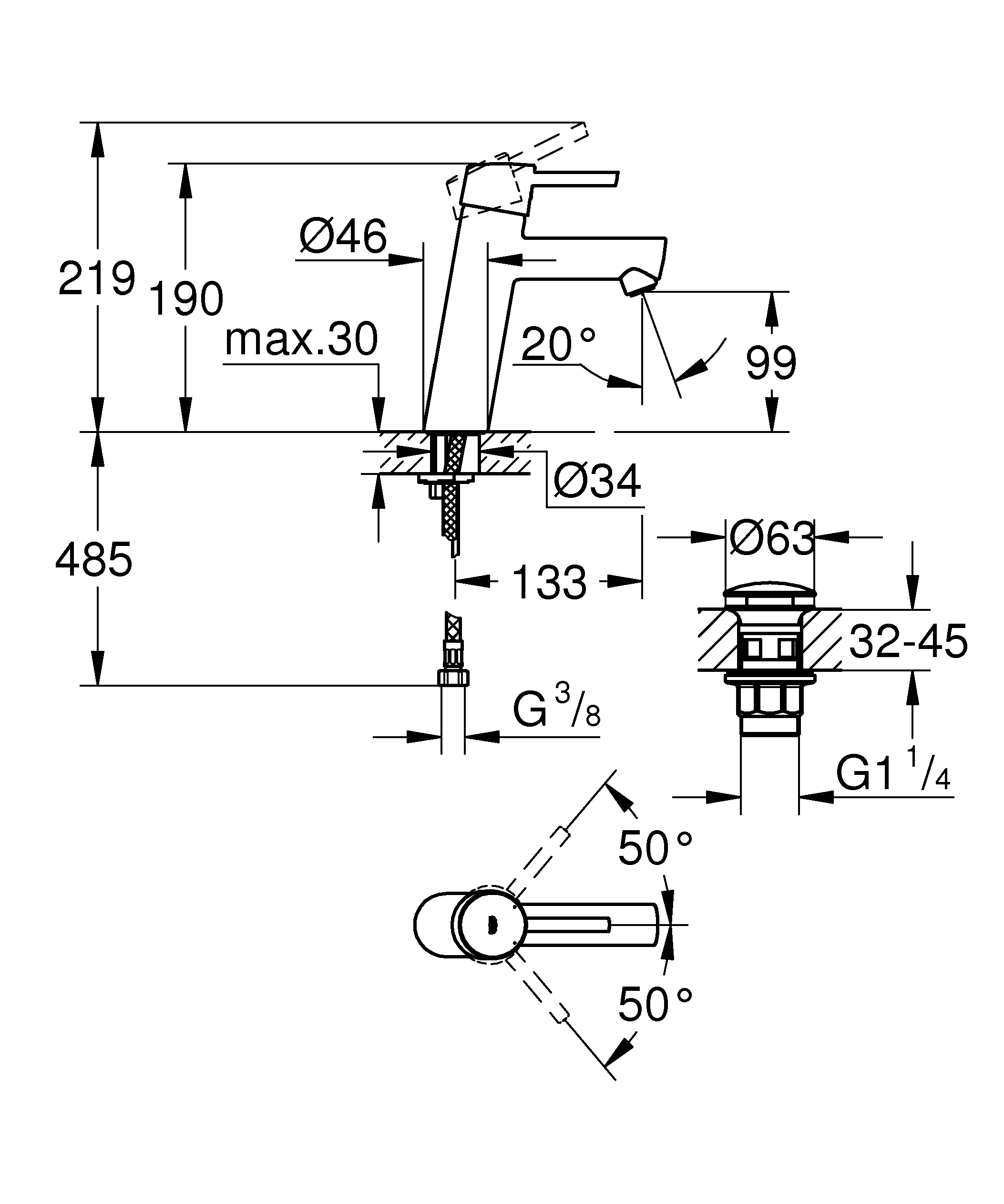 Einhand-Waschtischbatterie Concetto 23932_1, M-Size, Einlochmontage, glatter Körper, Push-open Ablaufgarnitur 1 1/4″, Hebel offen, chrom