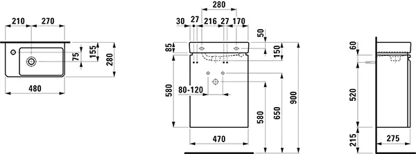 Laufen Badmöbelset inkl. Waschtisch „PRO S“ 470 × 280 × 685 mm, Anschlag links, Hahnlochposition links