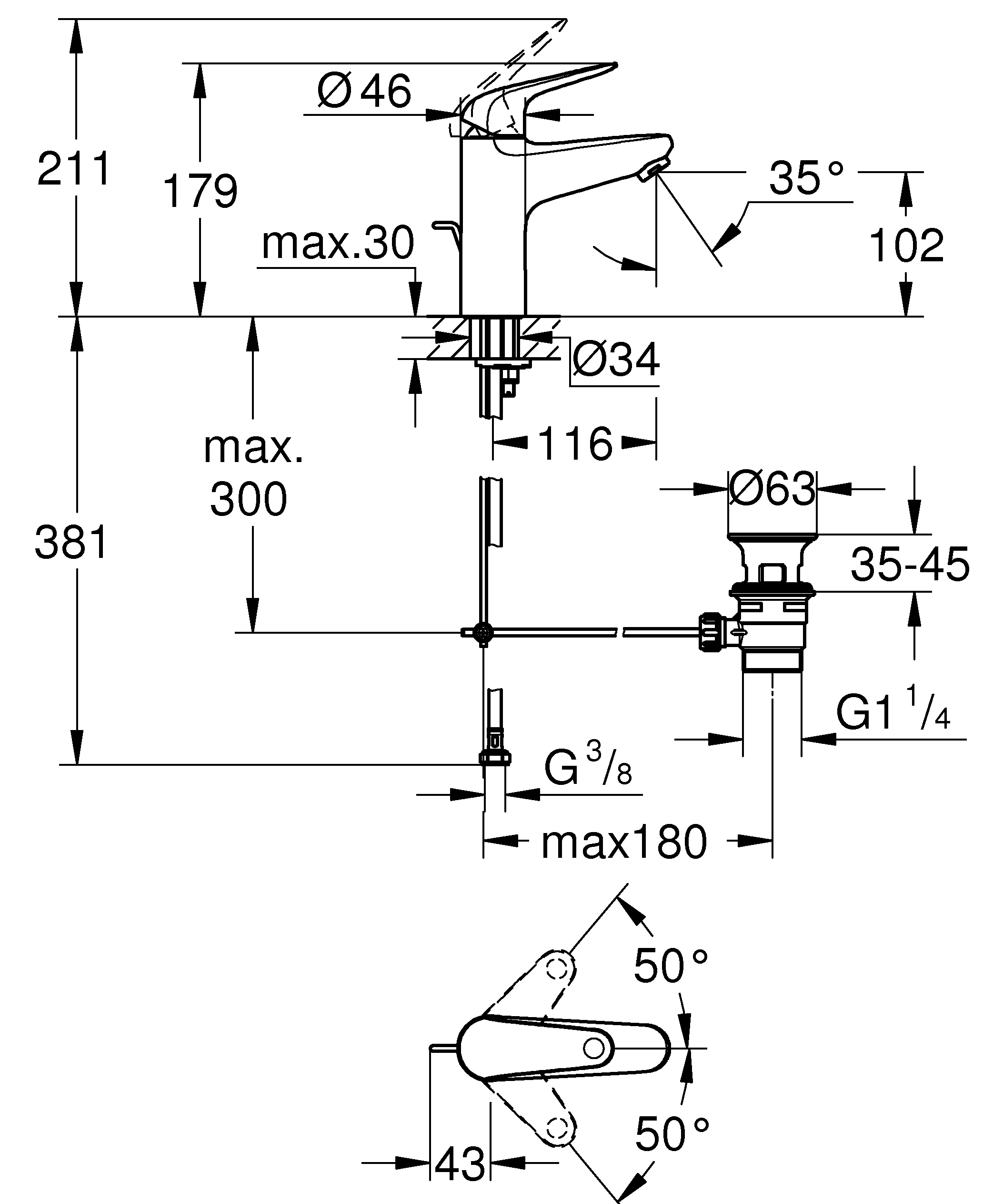 EH-WT-Batterie Euroeco 24265_1, M-Size, M-Size Zugstangen-Ablaufgarnitur aus Kunststoff, maximaler Durchfluss (bei 3 bar): 5 l/min, chrom