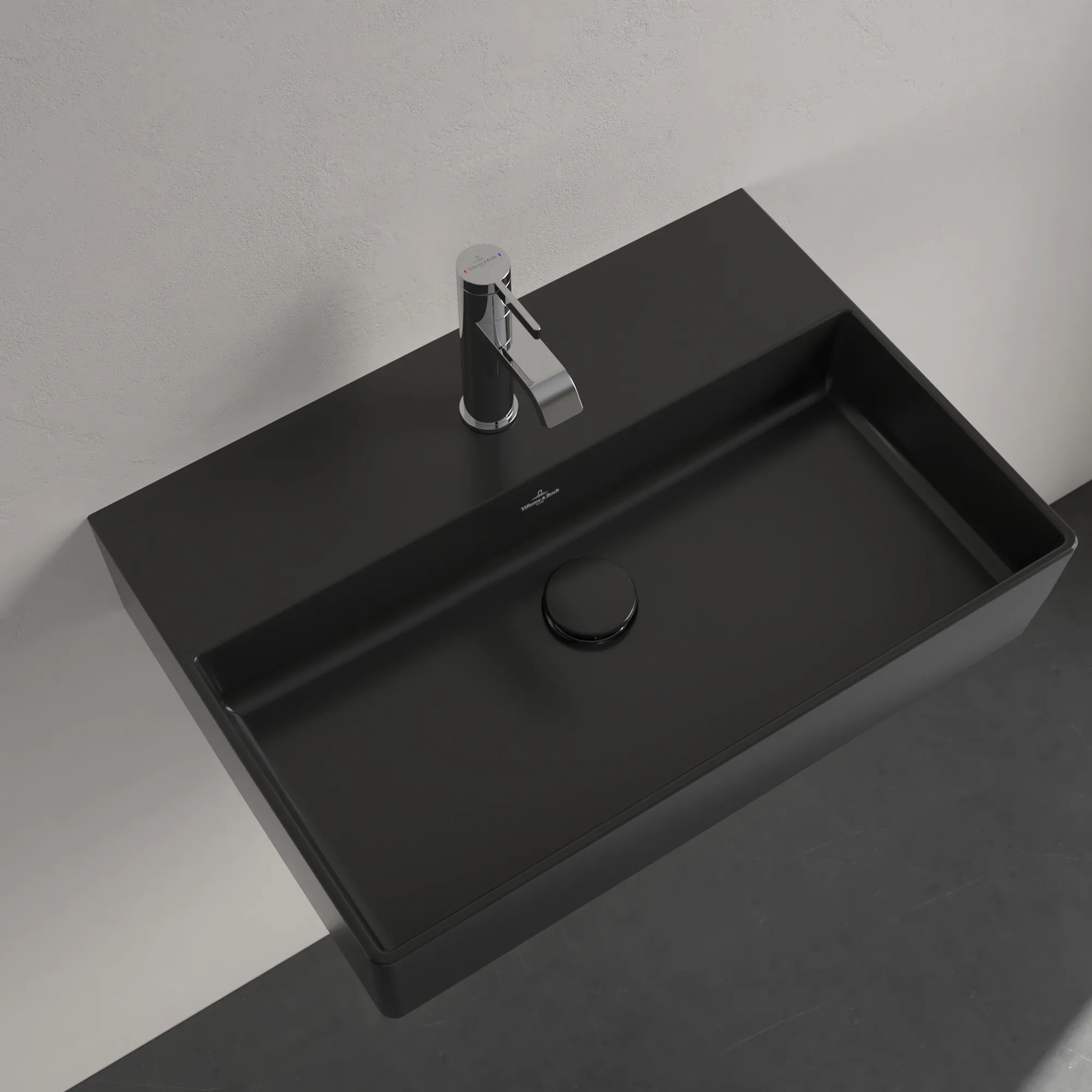 Villeroy & Boch Wandwaschtisch aus TitanCeram geschliffen „Memento 2.0“ 600 × 420 × 135 mm, mit Hahnlochbohrung, Hahnlochposition mittig in Pure Black Villeroy & Boch Wandwaschtisch aus TitanCeram geschliffen „Memento 2.0“ 600 × 420 × 135 mm, mit Hahnlochbohrung, Hahnlochposition mittig in Pure Black