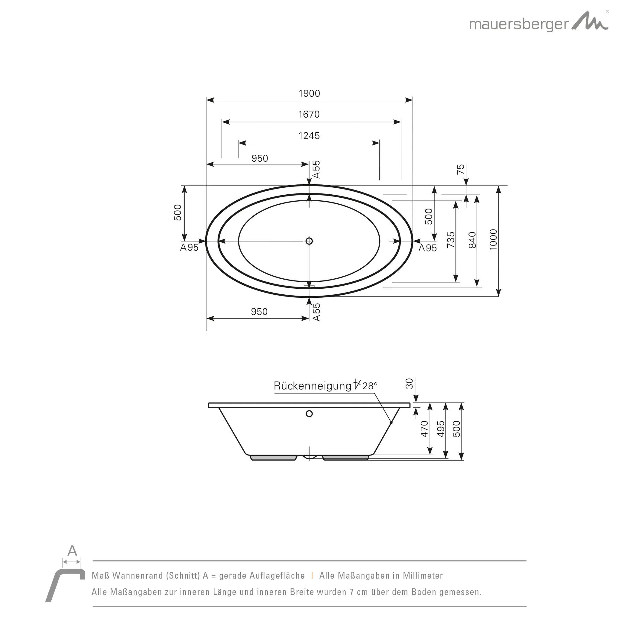 Mauersberger fusaca Acryl-Badewanne Ovalform 190⁄100