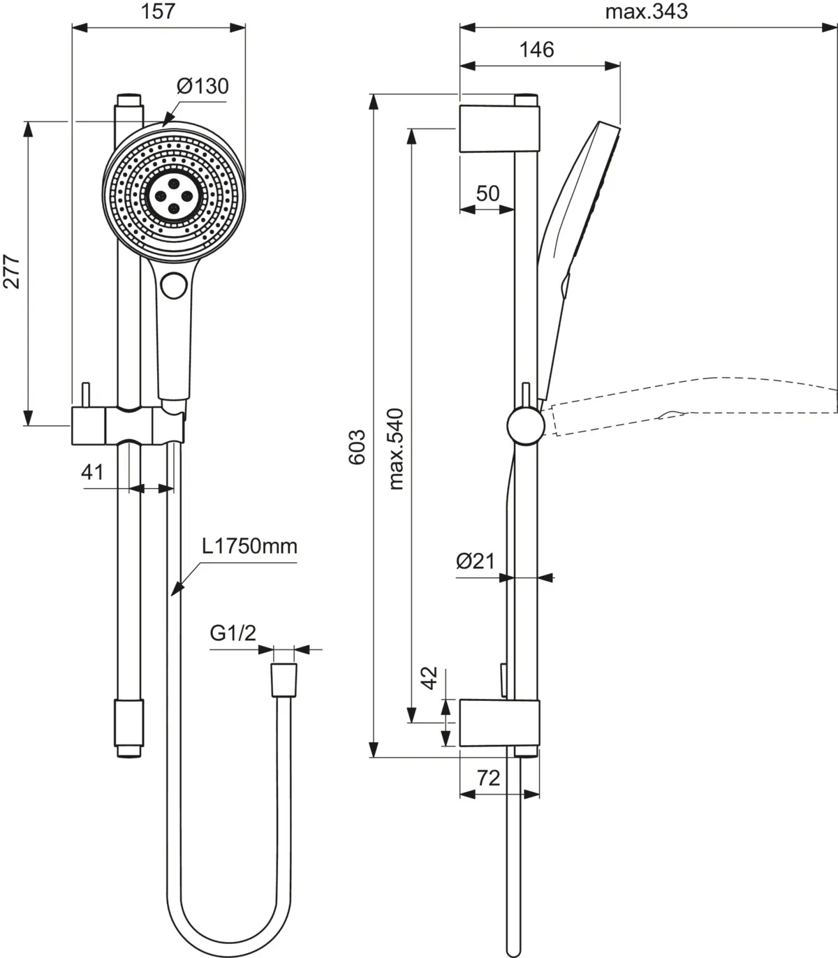 Gleitstangekombination „IdealrainSolos“, Befestigung verdeckt 60,3 cm in Chrom