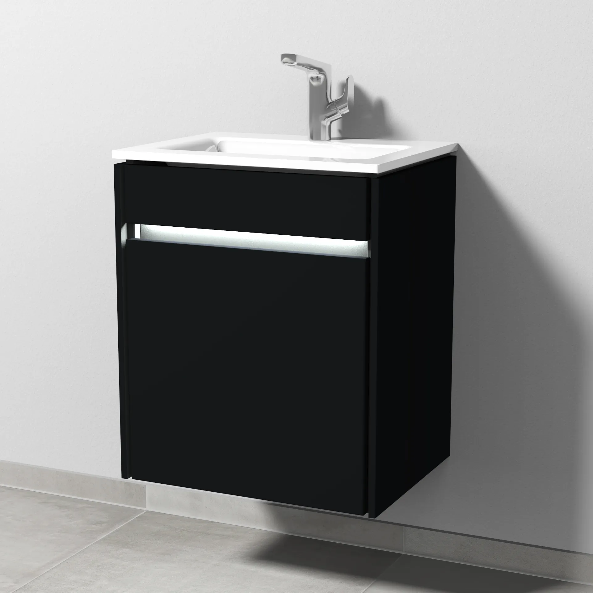 Sanipa Glas-Waschtisch-Set mit Waschtischunterschrank „Twiga“ 515 × 395 × 605 mm in Schwarz (matt), Anschlag links, mit Beleuchtung