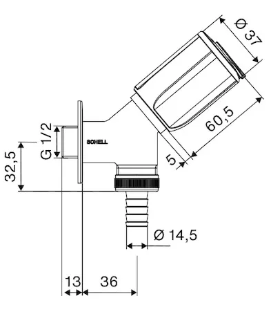 Geräteschrägsitzventil SECUR, RFV, abschließbar, DN 15 G 1/2 AG, Schlauchverschraubung Ø 14,5 mm (DN 20 G 3/4 AG), chrom