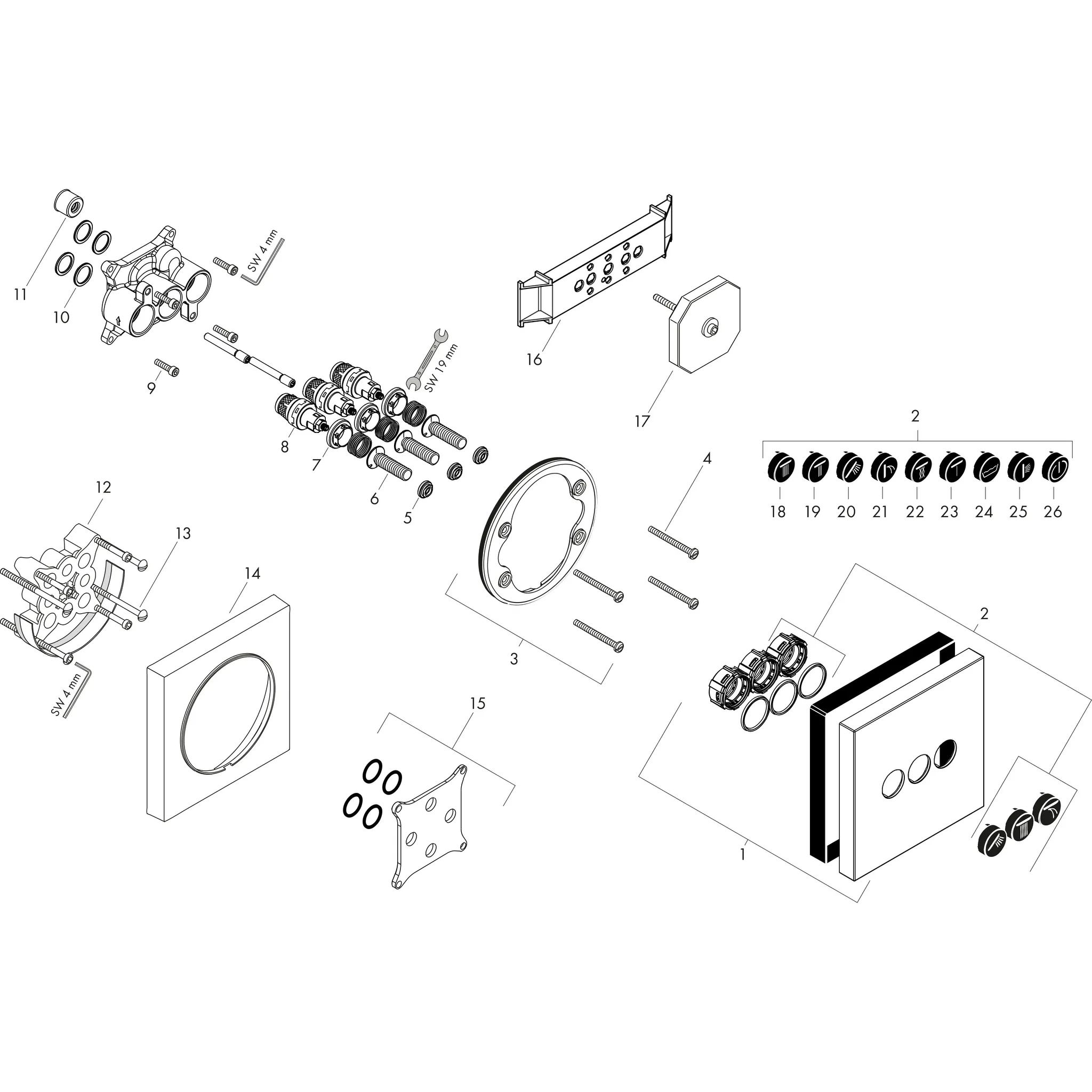 Absperrventil UP Axor ShowerSelect Fertigset 3 Verbraucher quadratisch chr.
