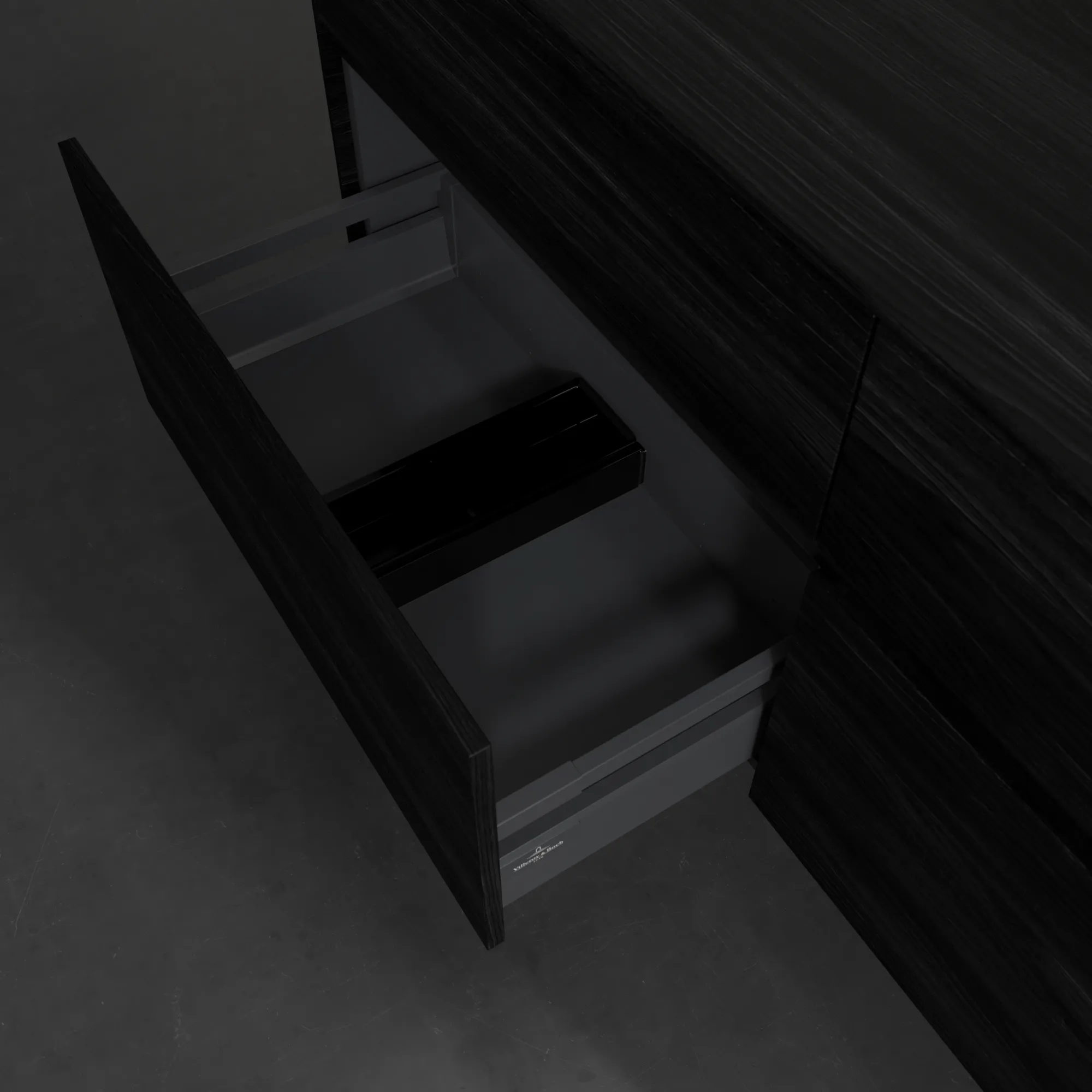 Villeroy & Boch Waschtischunterschrank „Collaro“ 1400 × 548 × 500 mm Black Oak, mit Beleuchtung, für Becken rechts Villeroy & Boch Waschtischunterschrank „Collaro“ 1400 × 548 × 500 mm Black Oak, mit Beleuchtung, für Becken rechts