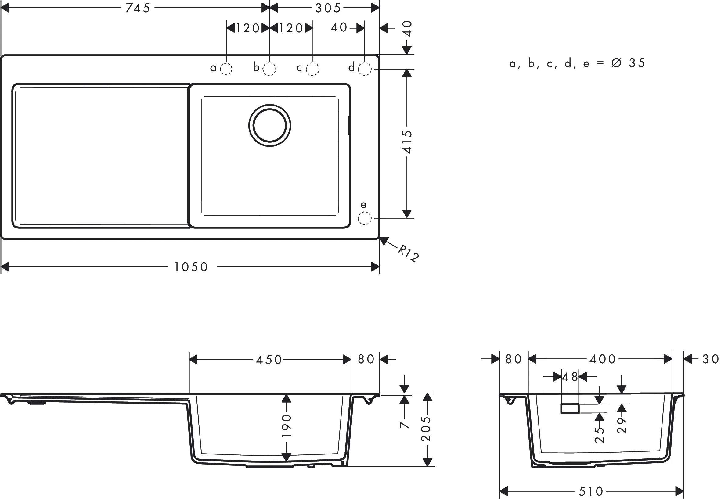 Hansgrohe Einbauspüle S51, Serie S514-F450, Steingrau, 1030 x 490 mm, 1 Hauptbecken mit Abtropffläche, Beckentiefe 190 mm