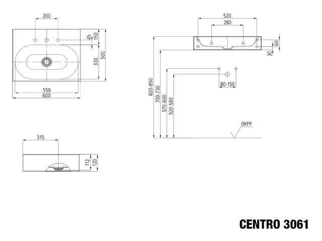 Wandwaschtisch „Centro“ 60 × 50 cm, mit Hahnlochbohrung in cool grey 70, mit Perl-Effekt