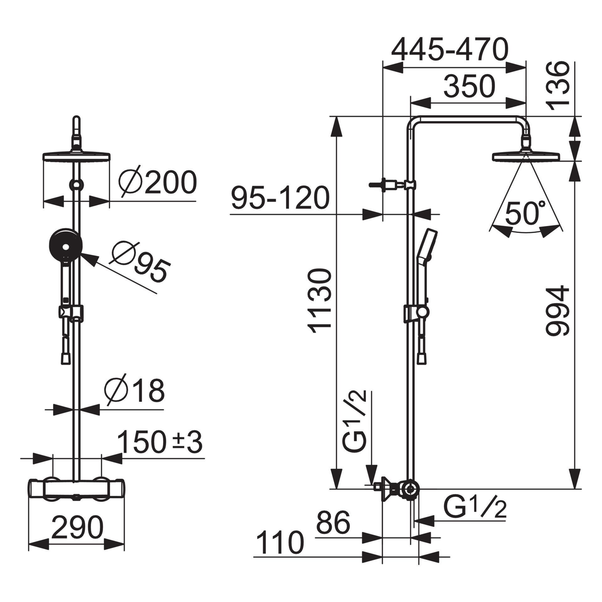 HA Regenbrause-Duscharmatur HANSAMICRA 4435 3-strahlig Ausladung 445-470 mm Chrom