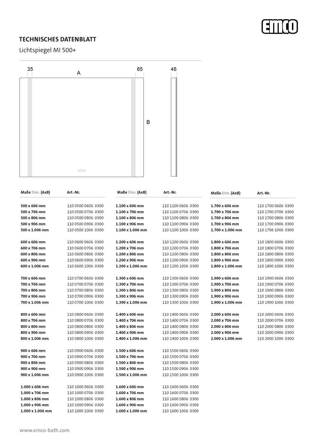 emco Lichtspiegel mit Touch-Bedienfeld „MI 500+“ 50 × 60,6 cm