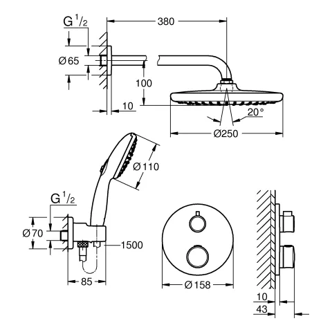 Grohe UP-Duschsystem Grohtherm 103996, rund, Tempesta 250 Kopfbrause-Set Grohe UP-Duschsystem Grohtherm 103996, rund, Tempesta 250 Kopfbrause-Set